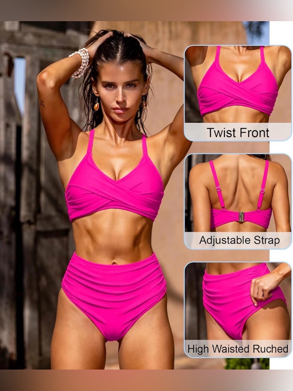 Halcurt Women's Hot Pink High-Waist Bikini Set — Cross Front Top - Picture 5 of 13